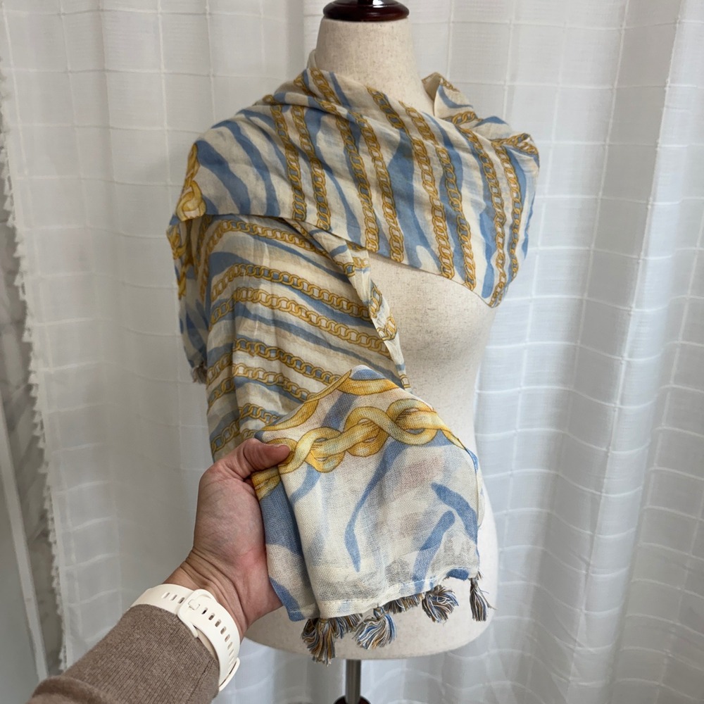 J. McLaughlin Scarf Blue Gold Chain Zebra Print Tassel Modal Cotton Wrap